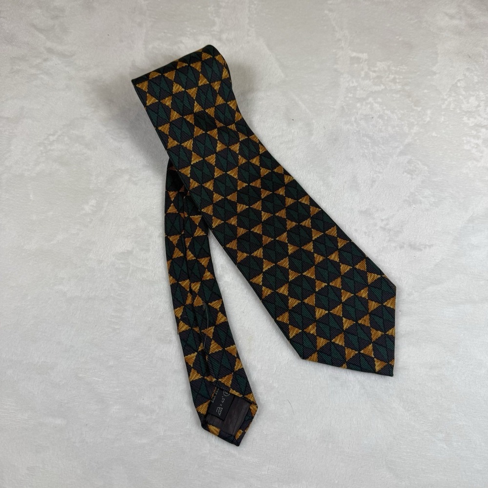 Vintage Ermenegildo Zegna Tie Green Gold Geometric Jacquard Designer 1990s